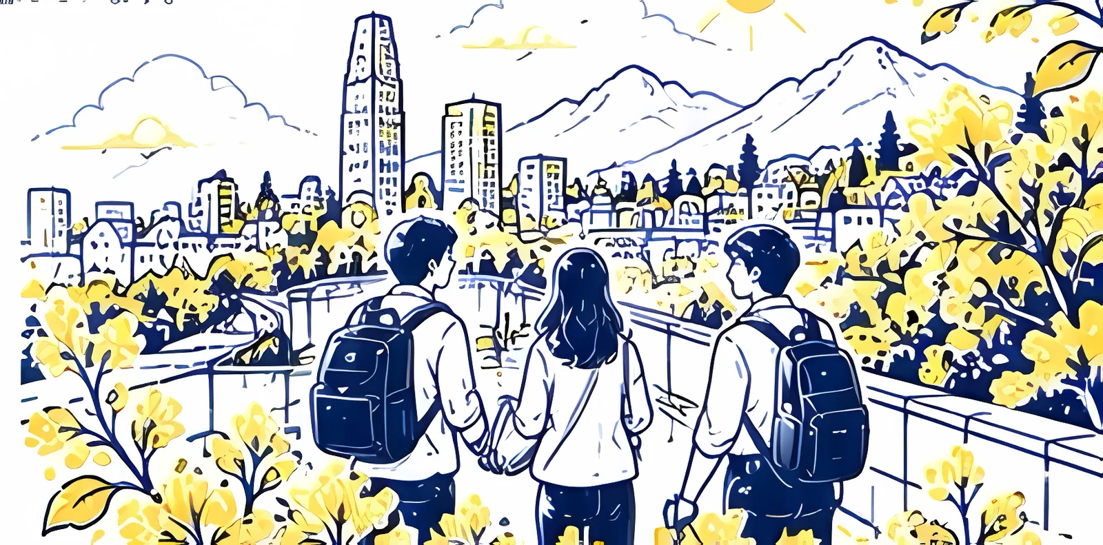 町並みを眺めながら歩く若者たちのイラスト