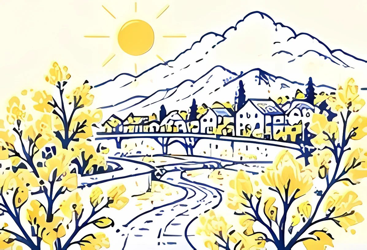 山と川、町並みとミモザの風景イラスト