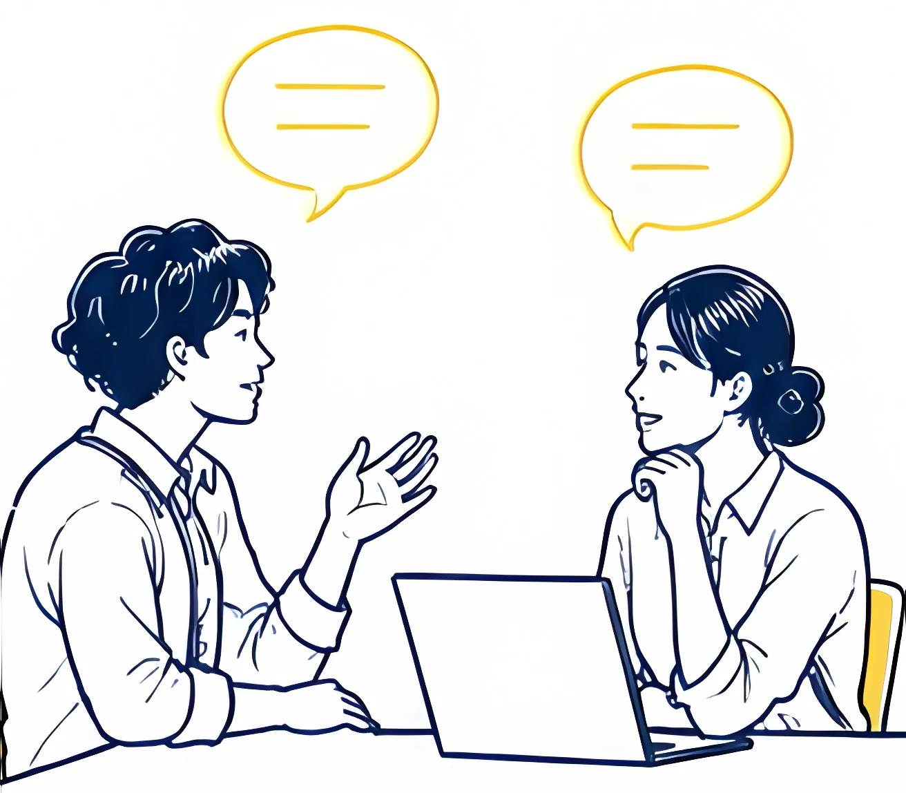 ノートパソコンを挟んで相談する二人と黄色い吹き出し