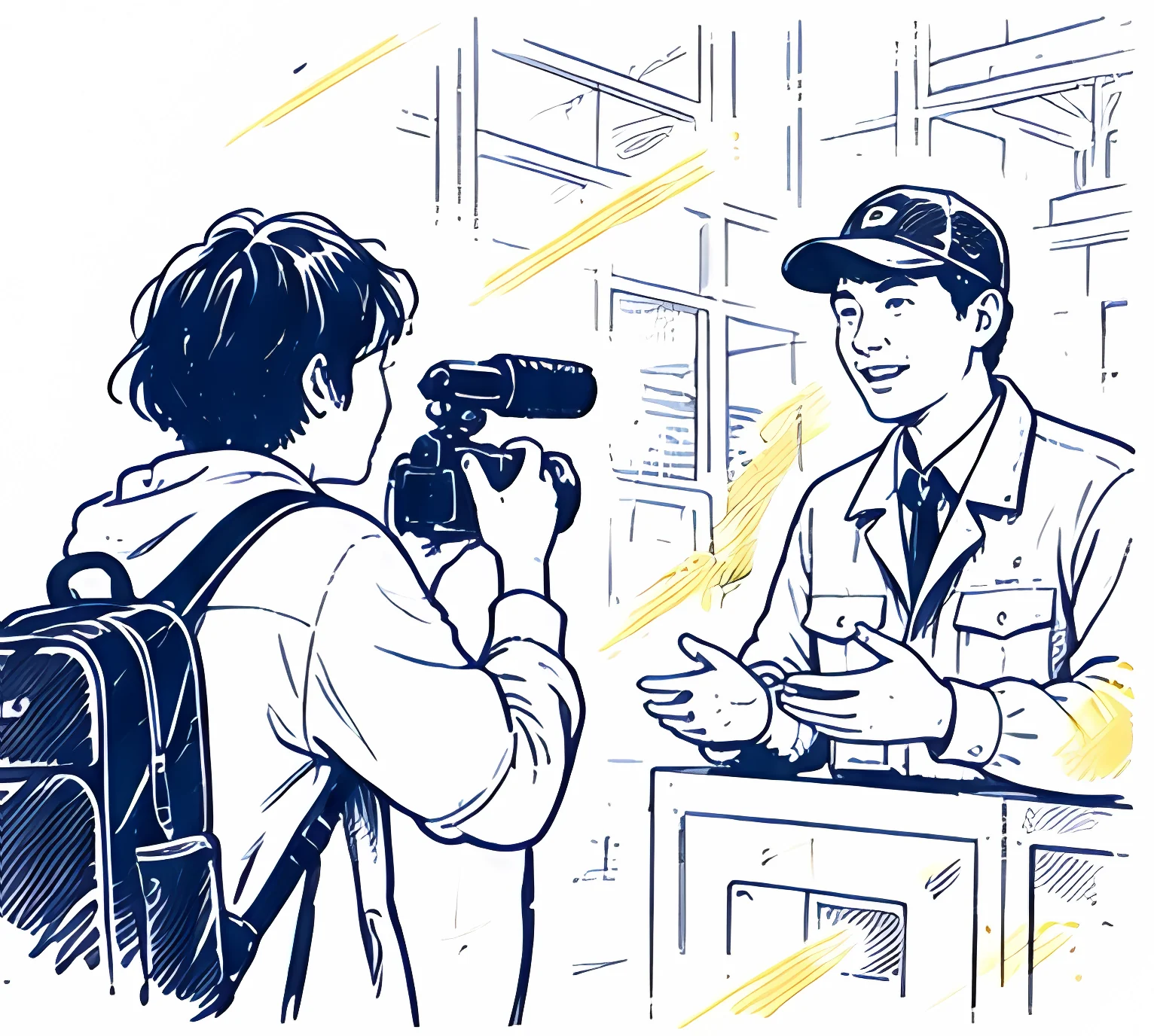 現場で働く人をカメラで撮影する若者