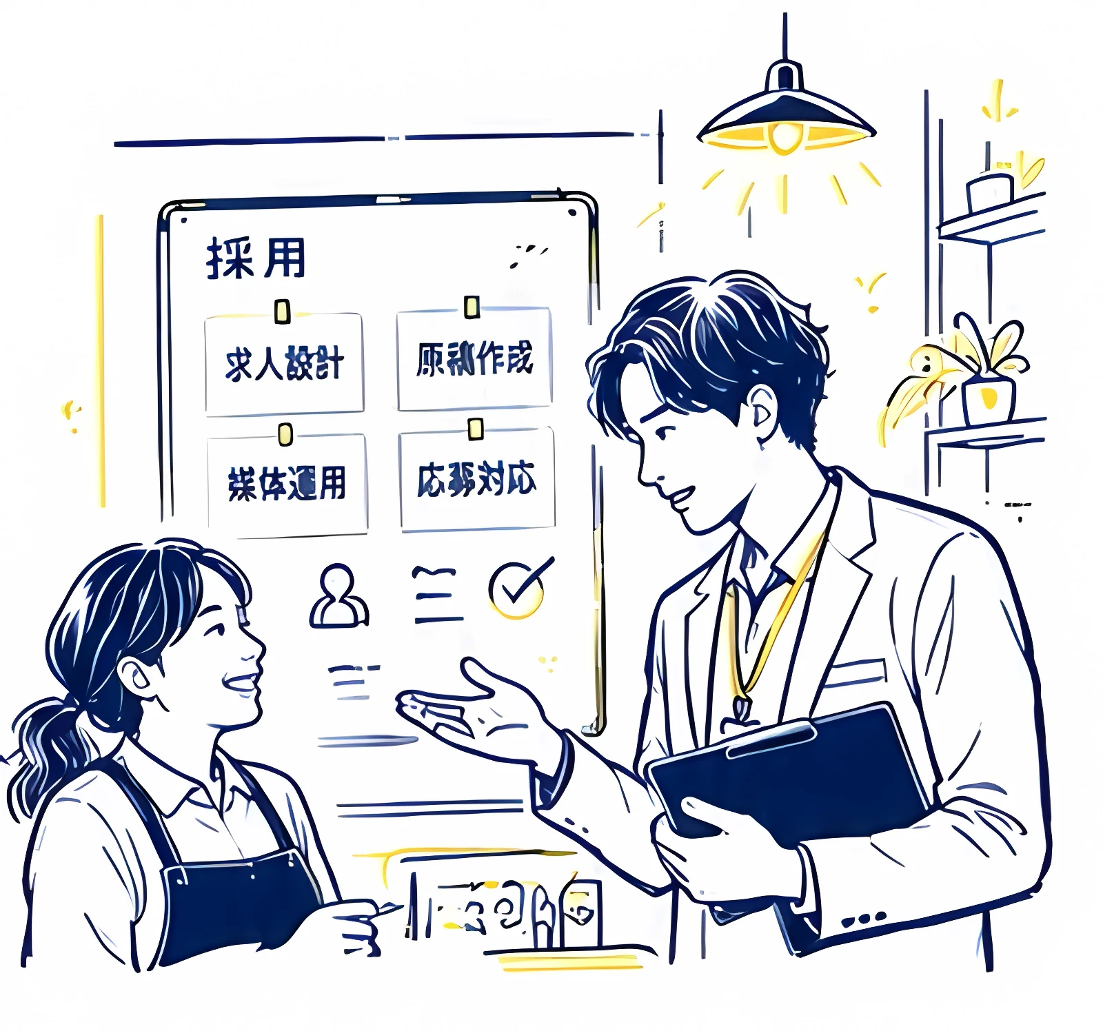 採用ボードを囲んで話す採用担当者と若者