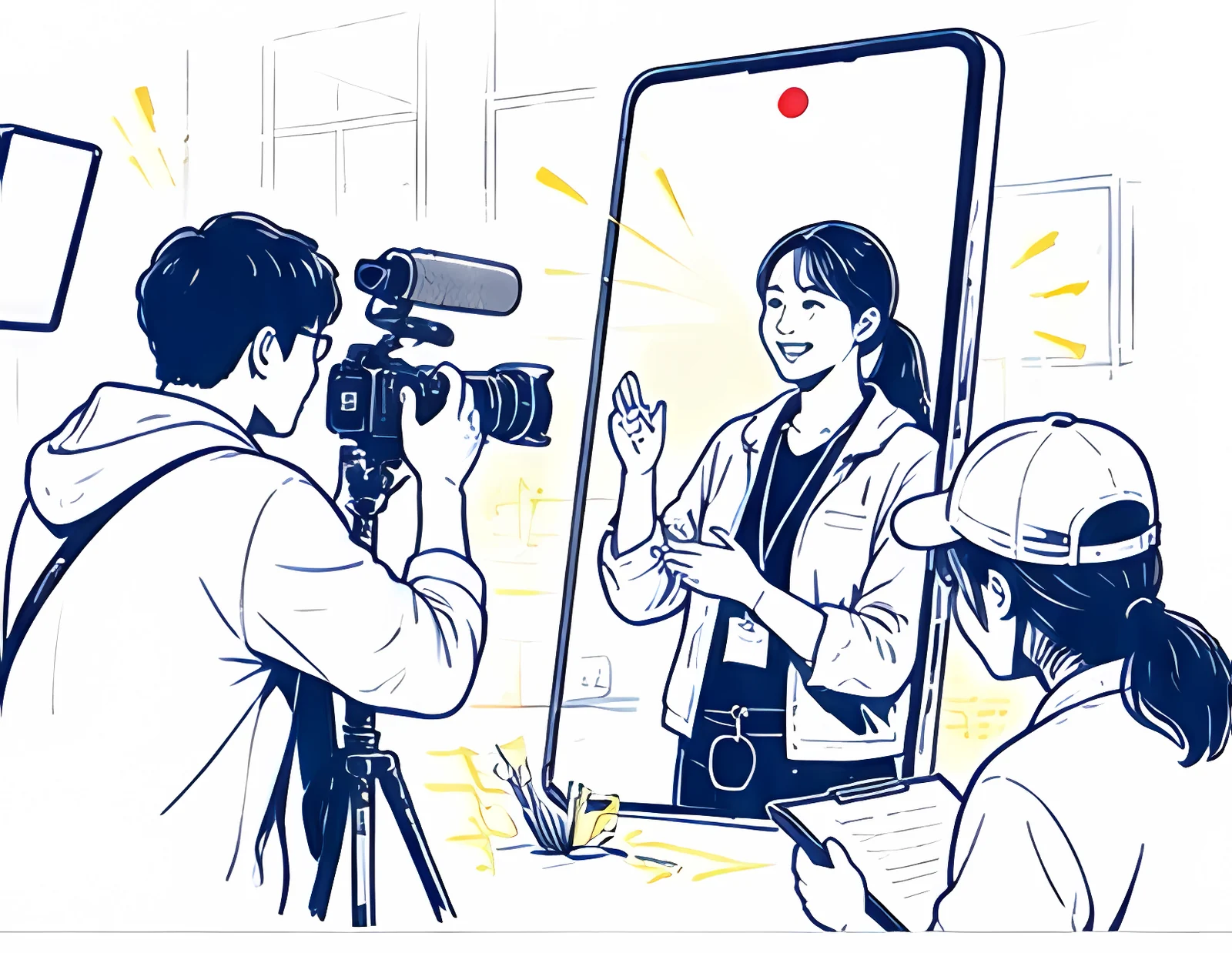 スマートフォンで撮影される若者と撮影スタッフ